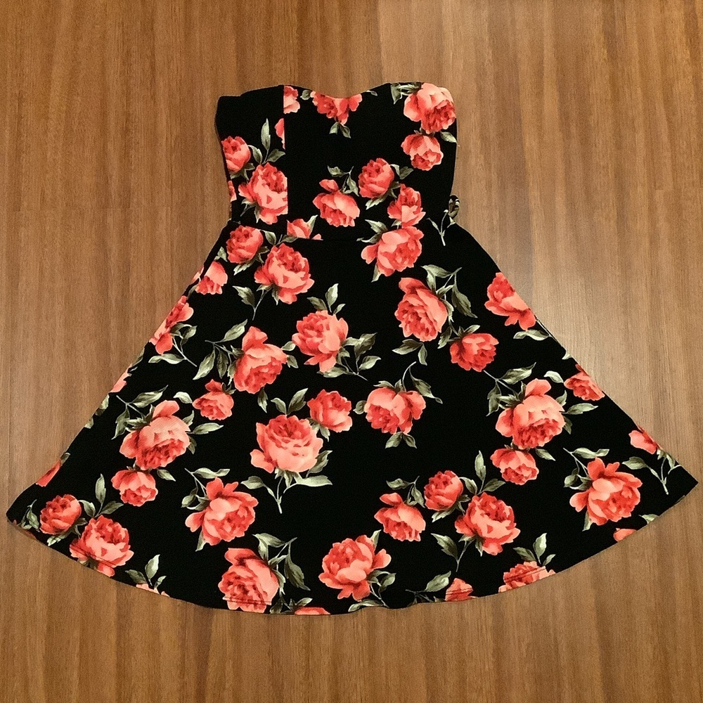 April black minidress with pink and green rose floral pattern